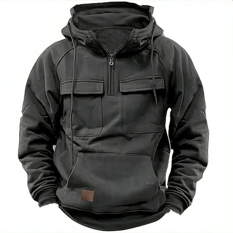 Black hooded jacket with front pockets on a white background