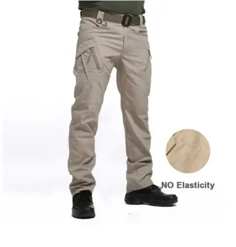 Beige pants with multiple pockets on a white background
