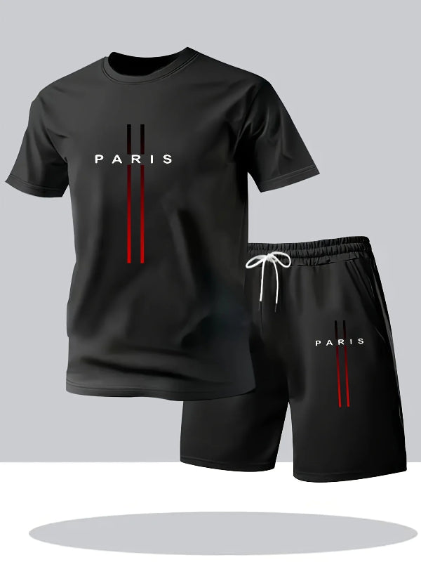Black t-shirt and shorts set with 'Eden Park Paris' branding on a light gray background
