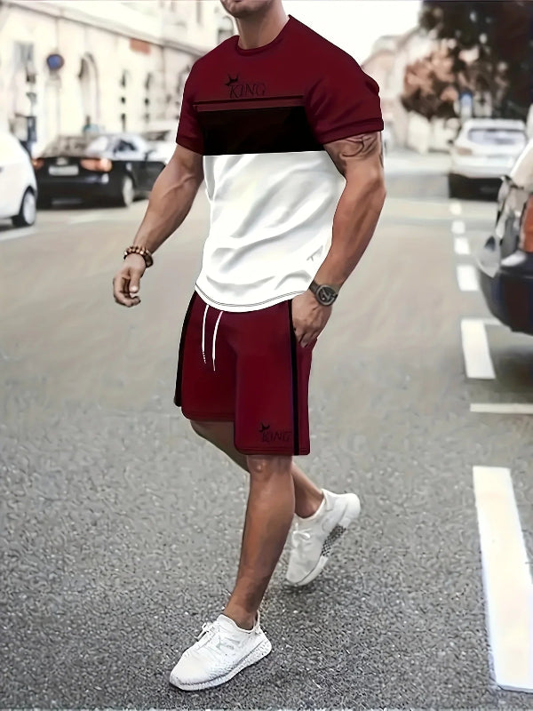 Men's striped print short sleeve shirt and athletic shorts two-piece summer fitness outfit casual matching set 5879