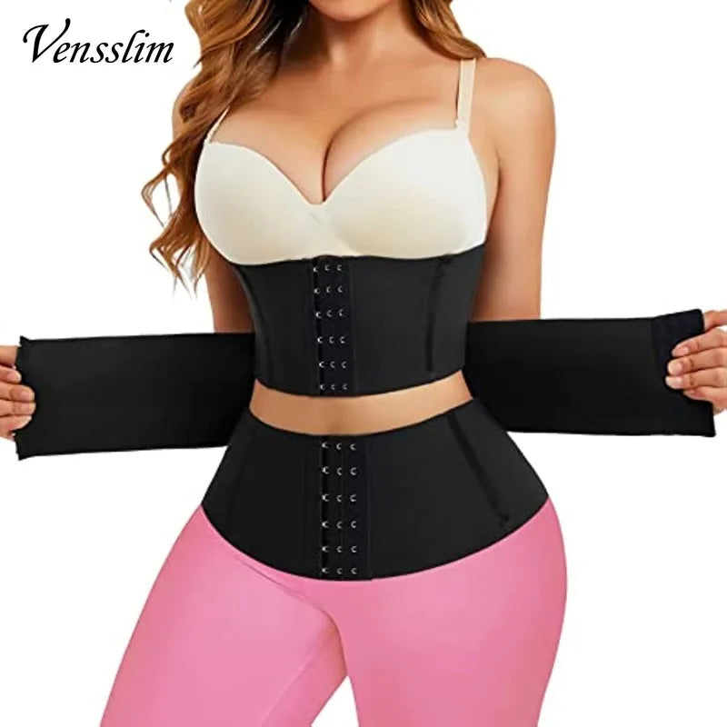 Person wearing a black waist trainer with 'Vensslim' branding on a white background