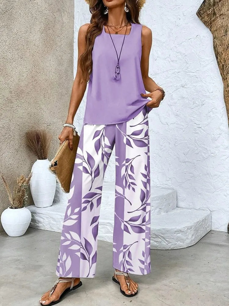 Women's Botanical Print 2-Piece Set | Sleeveless Top & Wide Leg Pants