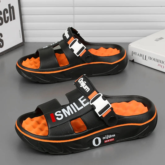 2025 men’s massage slippers soft indoor outdoor beach sandals slides clogs casual home shoes for men and women black and orange