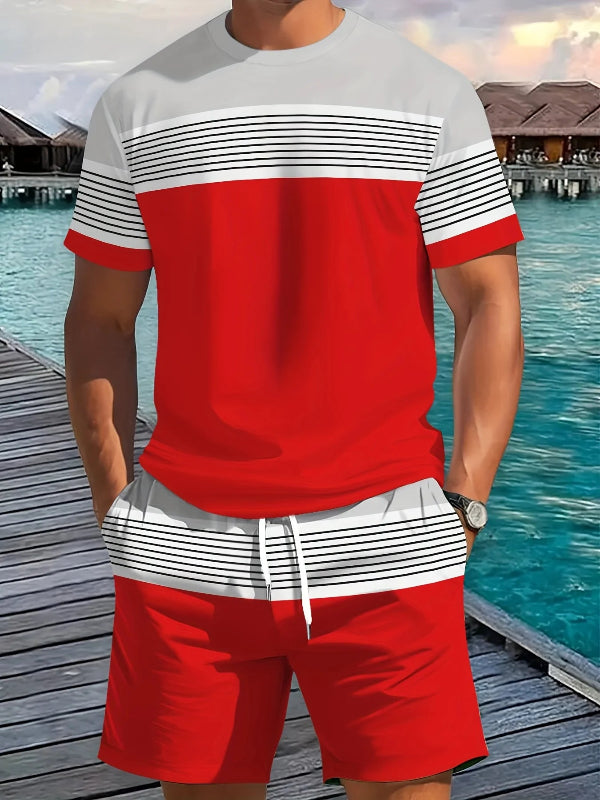 Men's striped print short sleeve shirt and athletic shorts two-piece summer fitness outfit casual matching set 98658