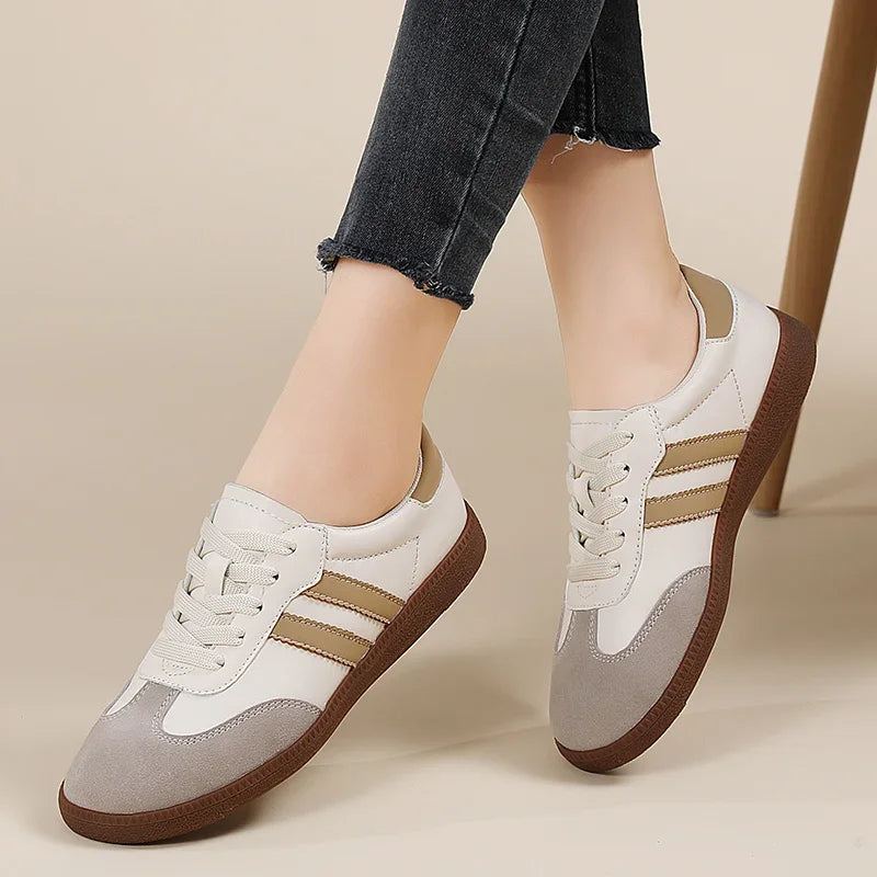 women’s flat luxury sneakers in grey and white with retro low-cut design, round toe, and lace-up closure – perfect for casual autumn fashion -  beige 