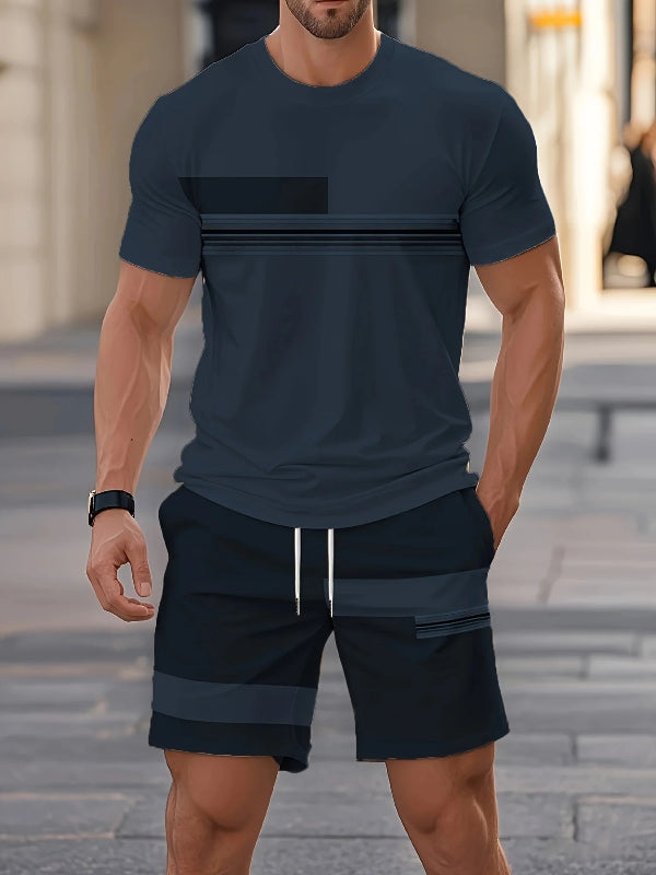 Men's striped print short sleeve shirt and athletic shorts two-piece summer fitness outfit casual matching set 9856