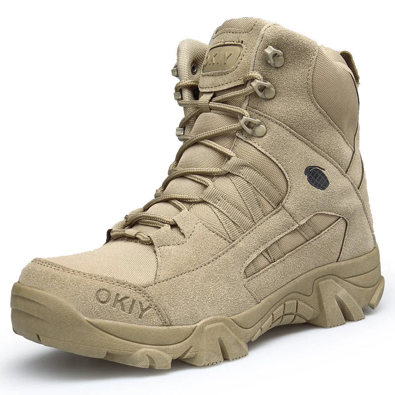 Tan tactical boot with 'OKIY' branding on a white background