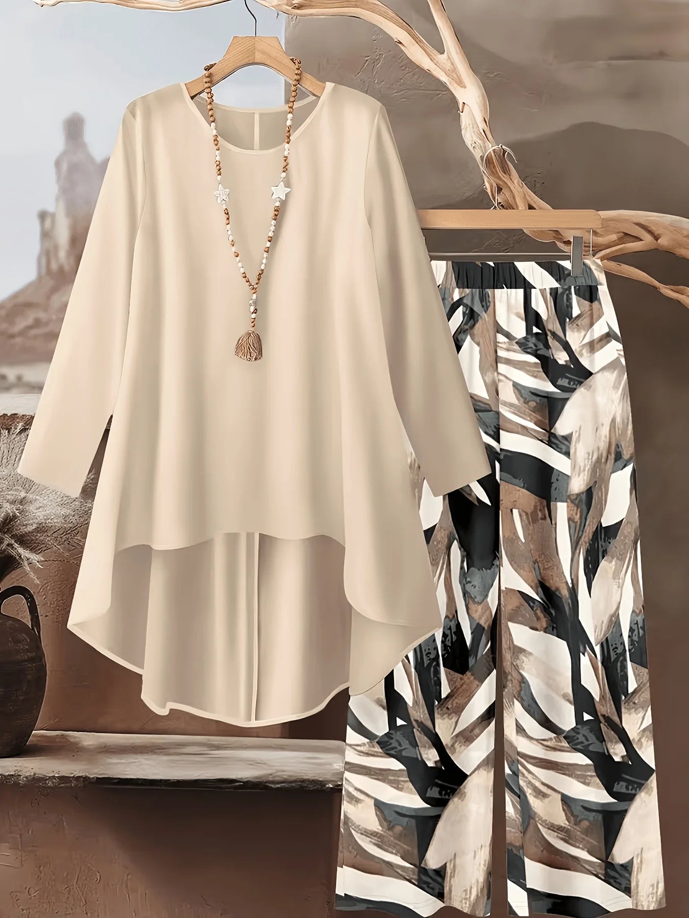 Casual Plus Size 2 Piece Set Women Outfit 2026 Fall Winter Summer Long Sleeve Floral Print Blouse Tops And Wide Leg Pant Sets