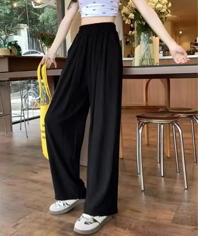 Women’s ankle‑length ice silk wide‑leg pants with elastic waist in solid color black 02