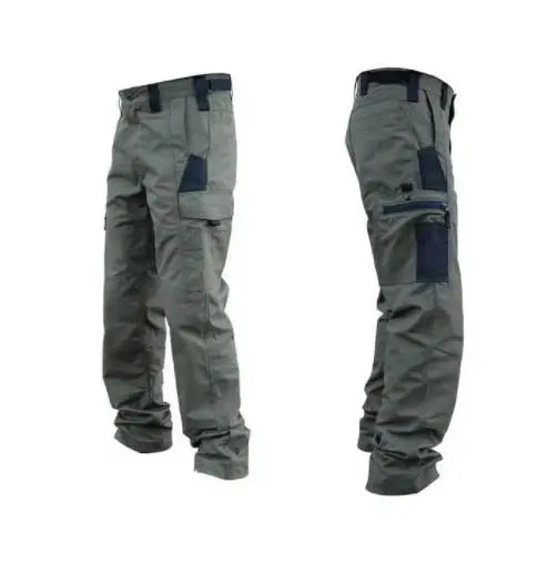Pair of gray work pants with knee pads on a white background