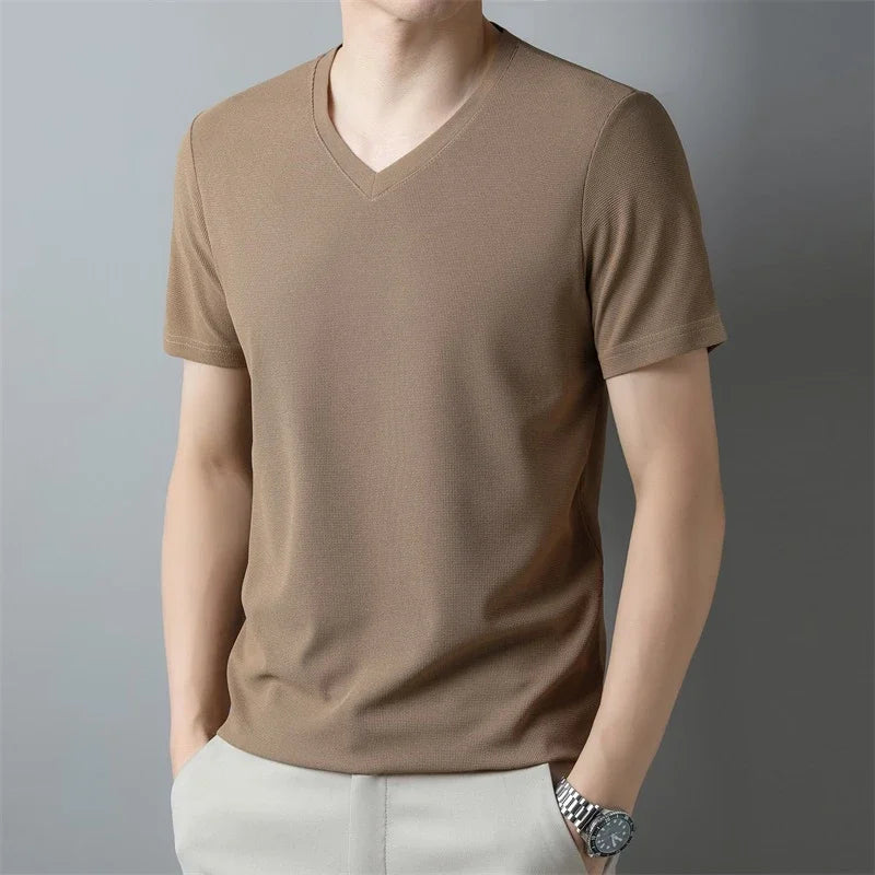 2024 men's waffle knit V-neck short sleeve summer t-shirt in solid color  - brown