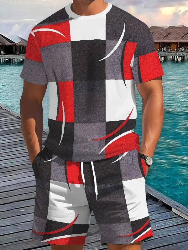 Men's striped print short sleeve shirt and athletic shorts two-piece summer fitness outfit casual matching set 78966