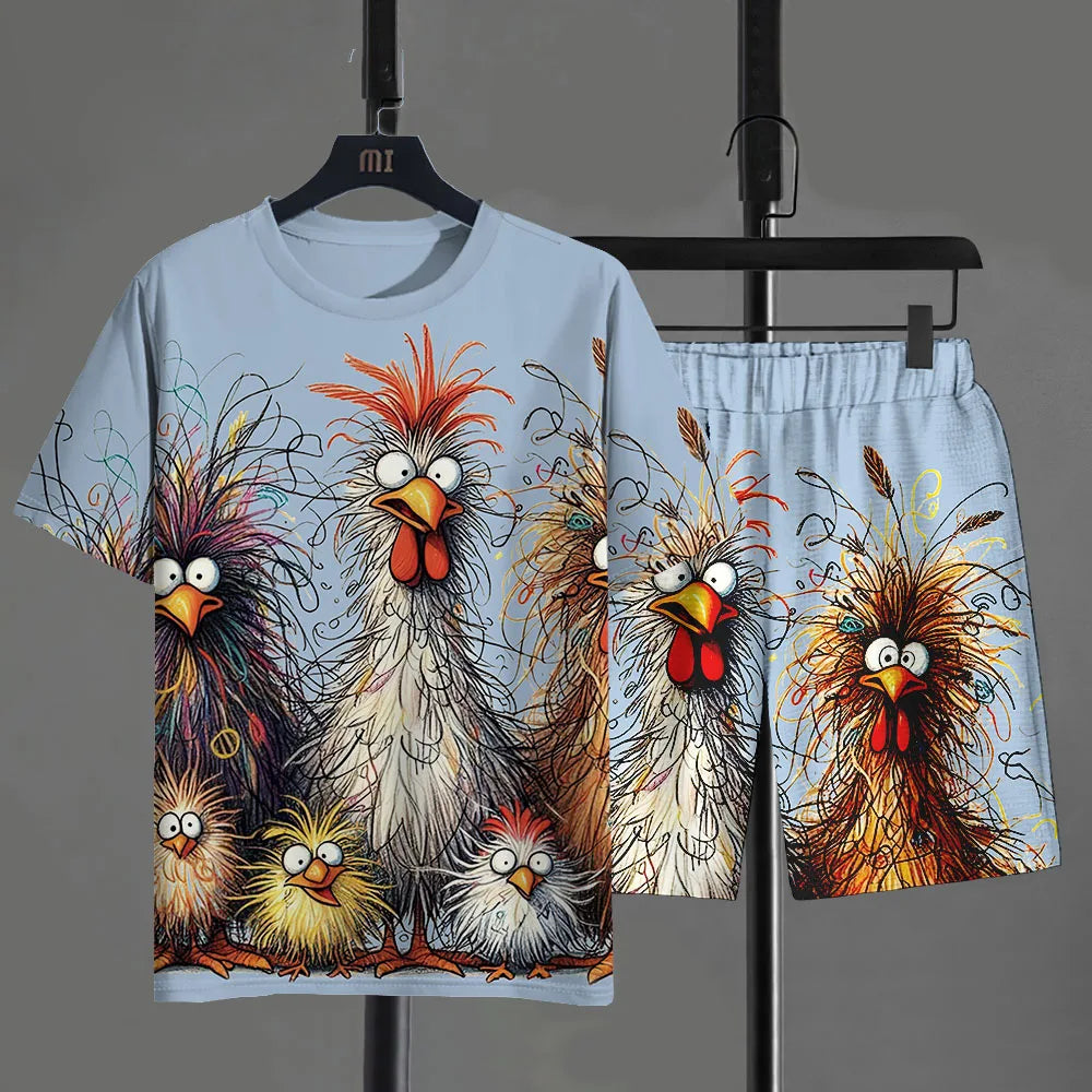 T-shirt and shorts set with cartoon rooster design on a hanger against a gray background