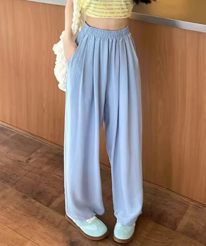 Women’s ankle‑length ice silk wide‑leg pants with elastic waist in solid color blue 02
