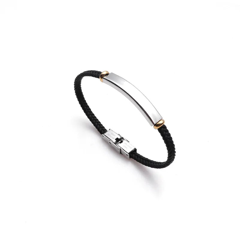 Personalized thin leather ID bracelet with custom name plate for men and women – stainless steel, punk-style accessory. silver