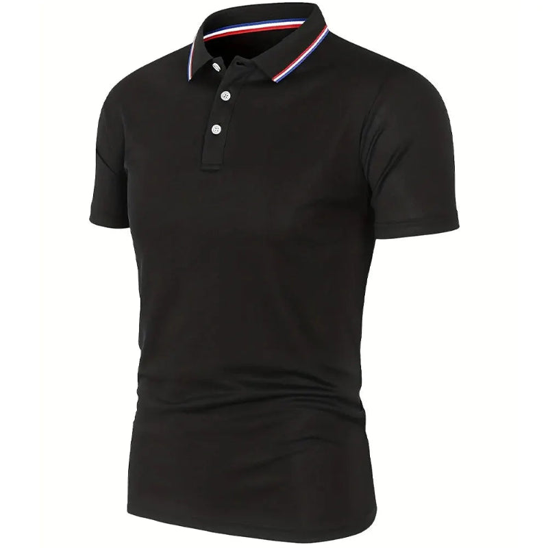 Black polo shirt with a colorful collar on a white background