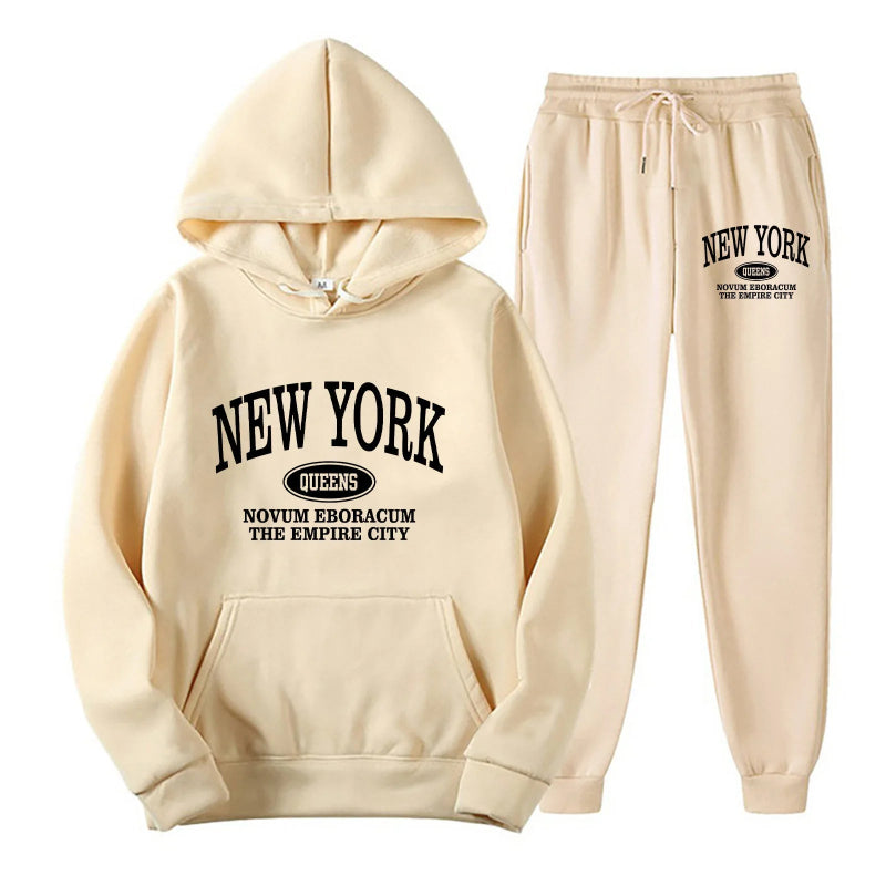 Beige hoodie and jogger set with 'New York' text on a white background