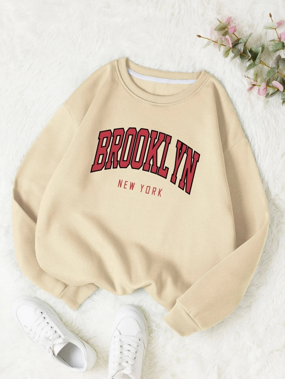 Brooklyn New Work Printed Hoodie Women’s Cotton Colorful Casual Top  - beige