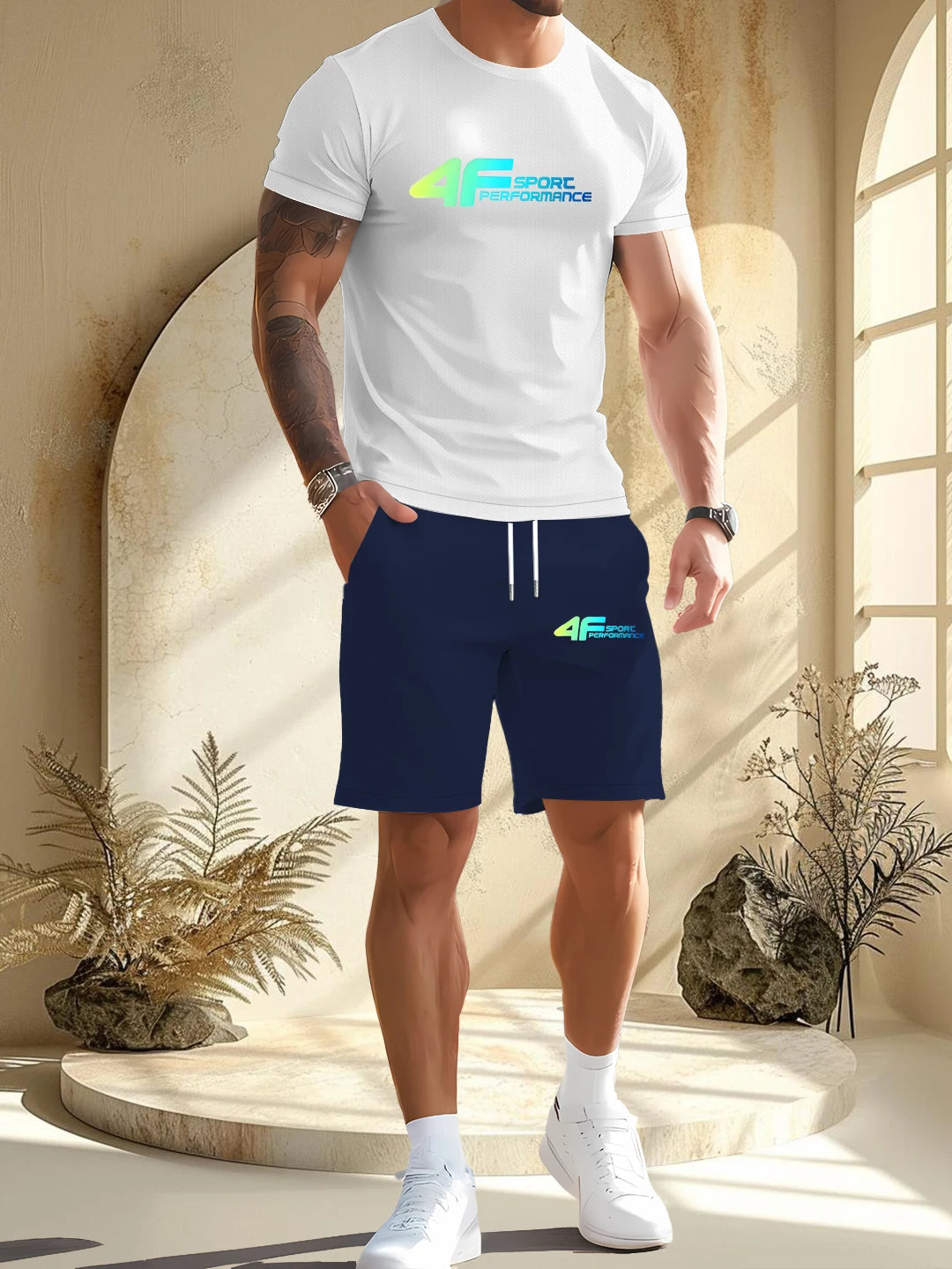 Person wearing a white t-shirt and navy shorts with a brand logo, standing in a sunlit room.