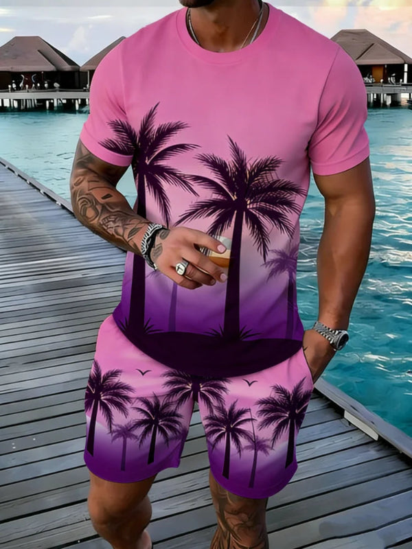 Person wearing a pink and purple outfit with palm tree design by a waterfront.