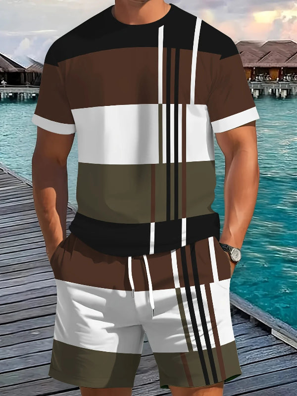 Person wearing a brown and white striped shirt and shorts set with a waterfront background.