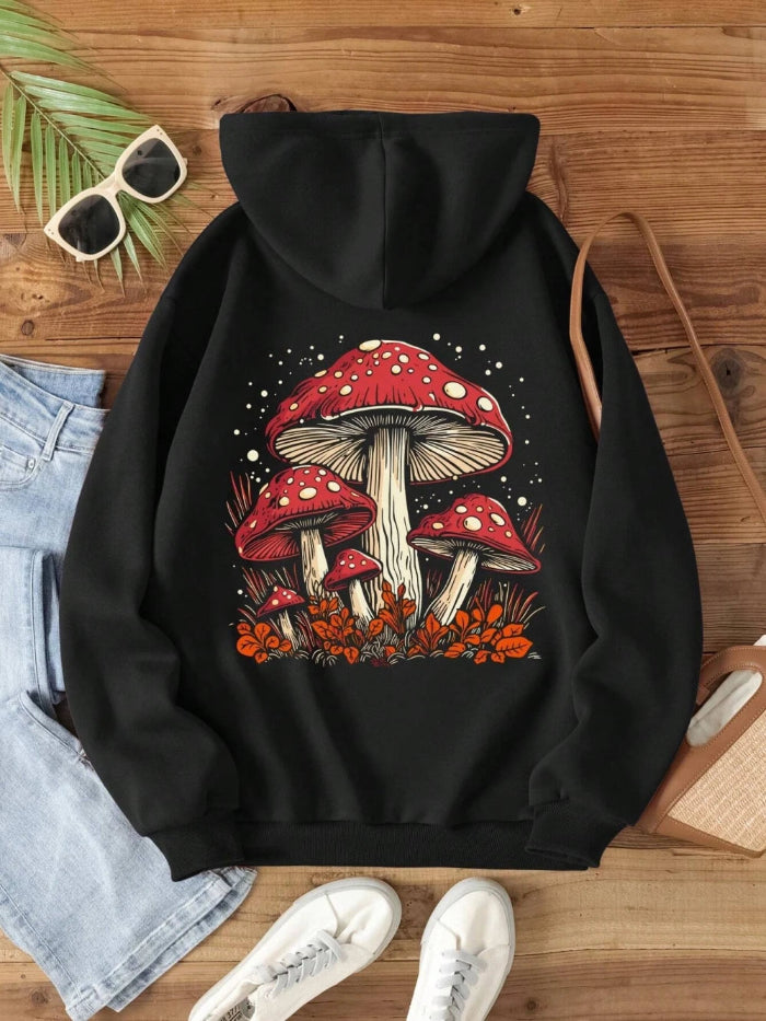 Red Mushroom Personality Graphic Hoody for Women – Harajuku Casual Sweatshirt in Autumn Fleece -  Black 
