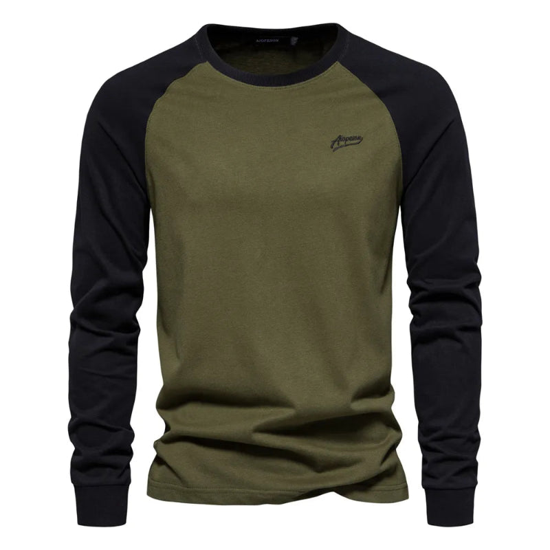 AIOPESON men's 100% cotton long sleeve patchwork casual t-shirt -green black