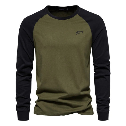 AIOPESON men's 100% cotton long sleeve patchwork casual t-shirt -green black