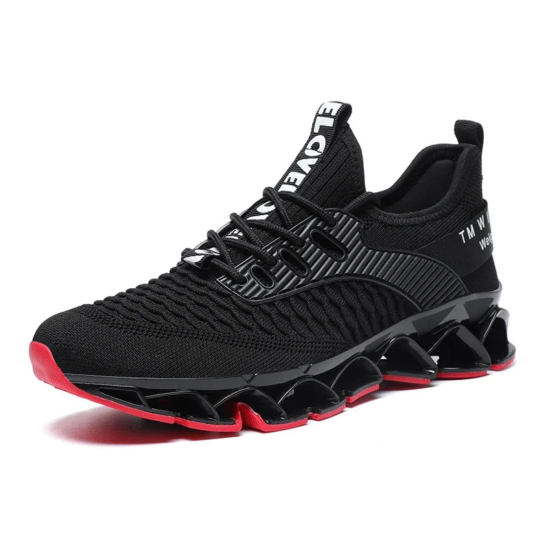 Black running shoe with red sole on a white background