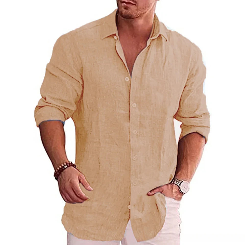 Men’s long sleeve cotton linen shirt in solid color, casual autumn wear, breathable fabric   -  khaki