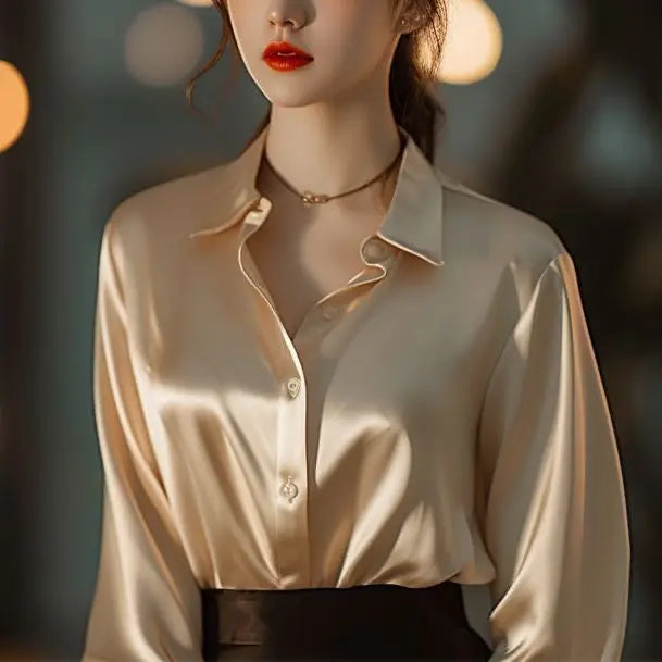 Beige shirt worn by a mannequin against a blurred background