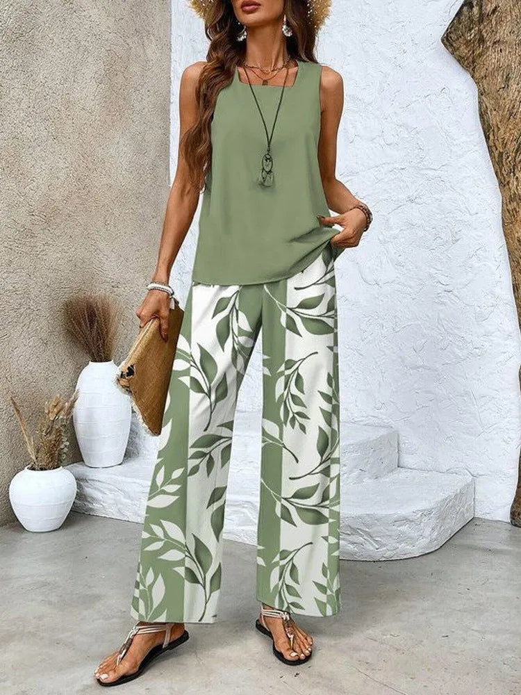 Women's Botanical Print 2-Piece Set | Sleeveless Top & Wide Leg Pants