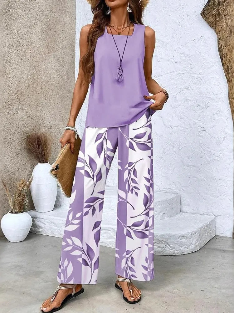 Women's Botanical Print 2-Piece Set | Sleeveless Top & Wide Leg Pants