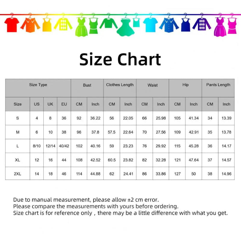Size chart for clothing with color-coded garments on a line above it.