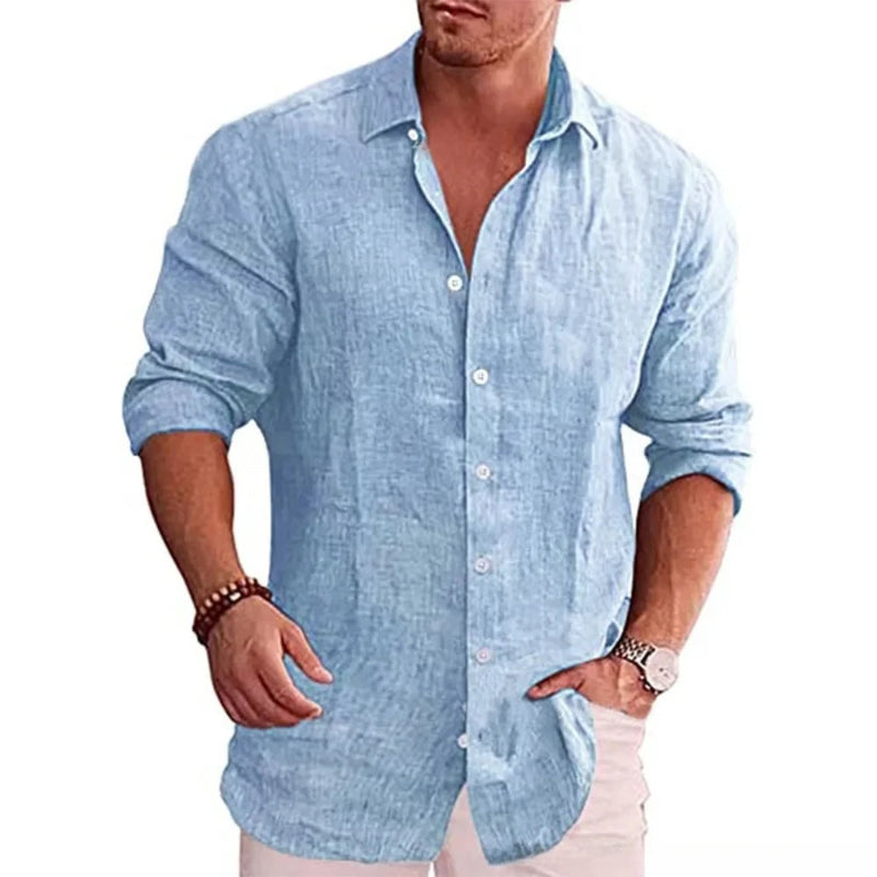 Men’s long sleeve cotton linen shirt in solid color, casual autumn wear, breathable fabric   -  blue-1