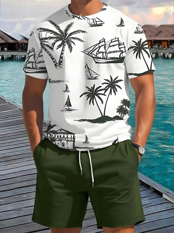 Men's Coconut Grove print casual two-piece set with short sleeve shirt and drawstring shorts summer vacation outfit green