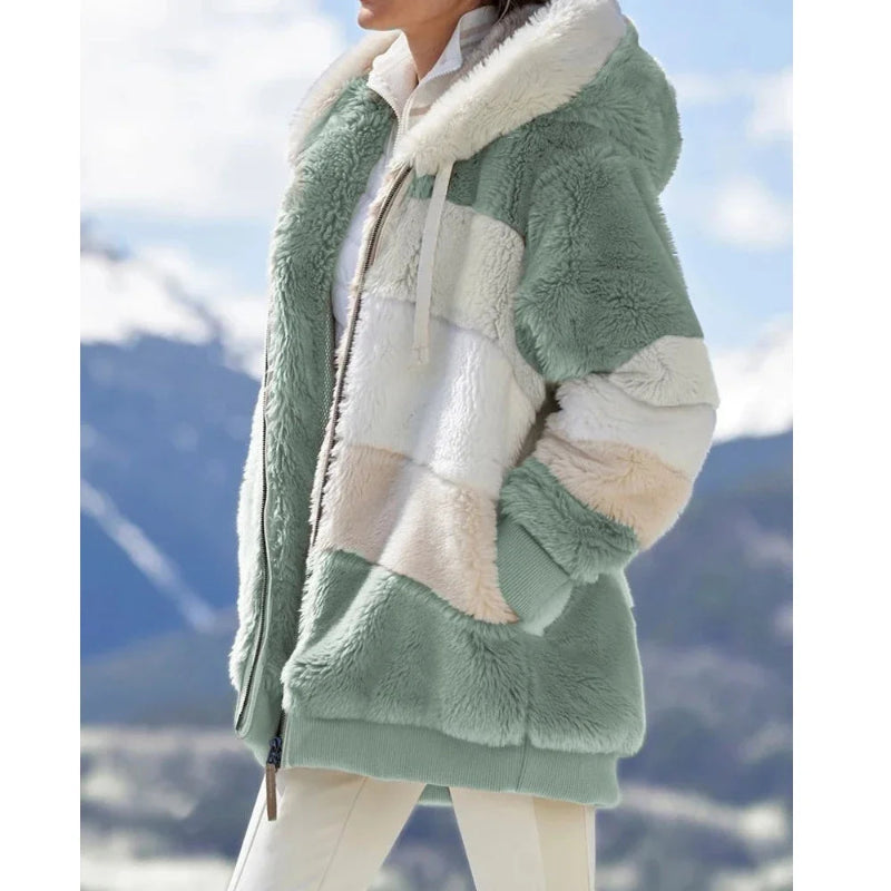 Faith Winter Fashion Women's Hooded Thick Cashmere Coat with Plaid Stitching- 2nd green