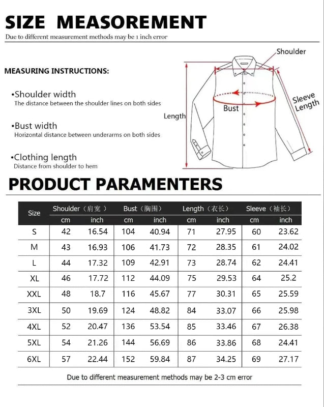 Measurement chart for a shirt with shoulder, bust, and sleeve dimensions.
