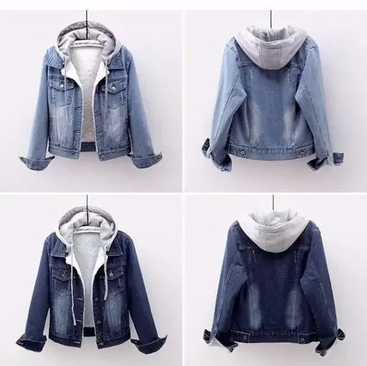 Blue denim jacket with white hoodie on a mannequin against a white background