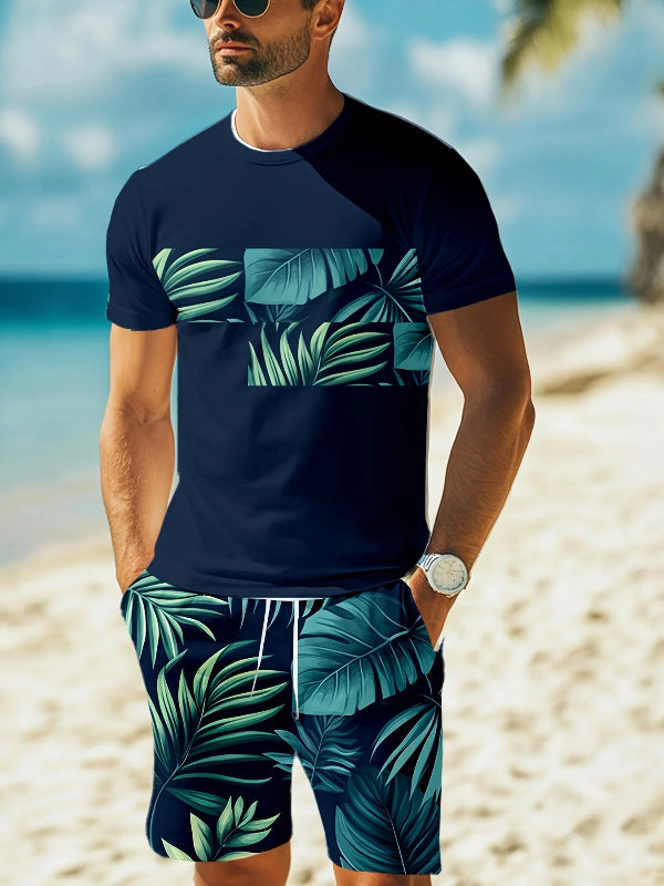 Men's Coconut Grove print casual two-piece set with short sleeve shirt and drawstring shorts summer vacation outfit blue