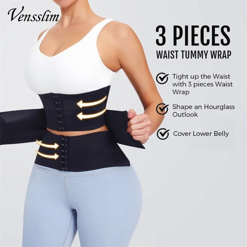 Person wearing a waist tummy wrap with product details on a light gray background