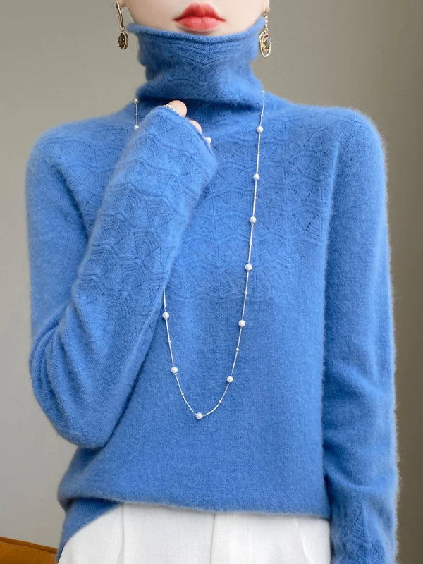 Blue turtleneck sweater worn by a mannequin with a neutral background