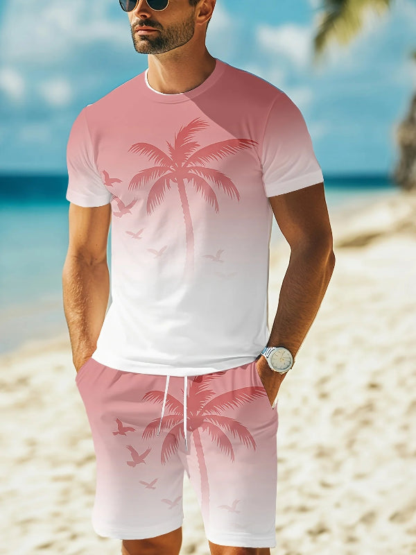 Man wearing a pink and white outfit with palm tree design on a beach. 