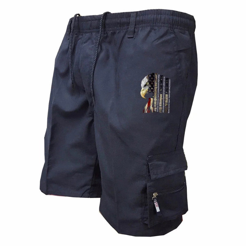 Navy blue shorts with an eagle and flag design on a white background