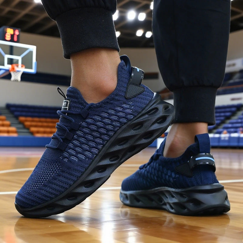 Blue athletic shoes on a basketball court