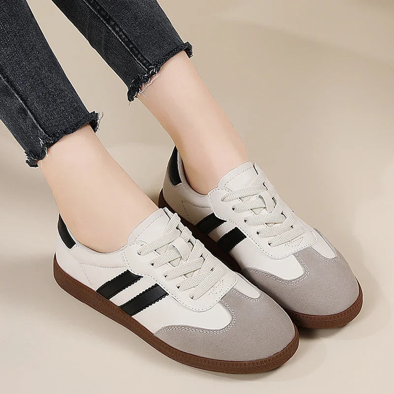women’s flat luxury sneakers in grey and white with retro low-cut design, round toe, and lace-up closure – perfect for casual autumn fashion -  lady sneakers beige