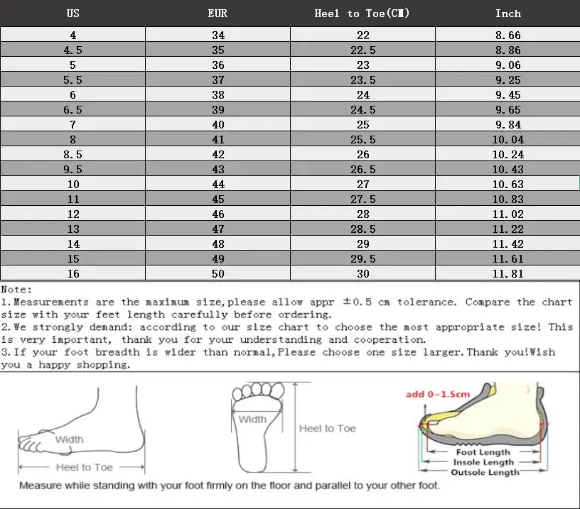 Foot size chart with measurements in US, EUR, heel to toe, and inch formats.