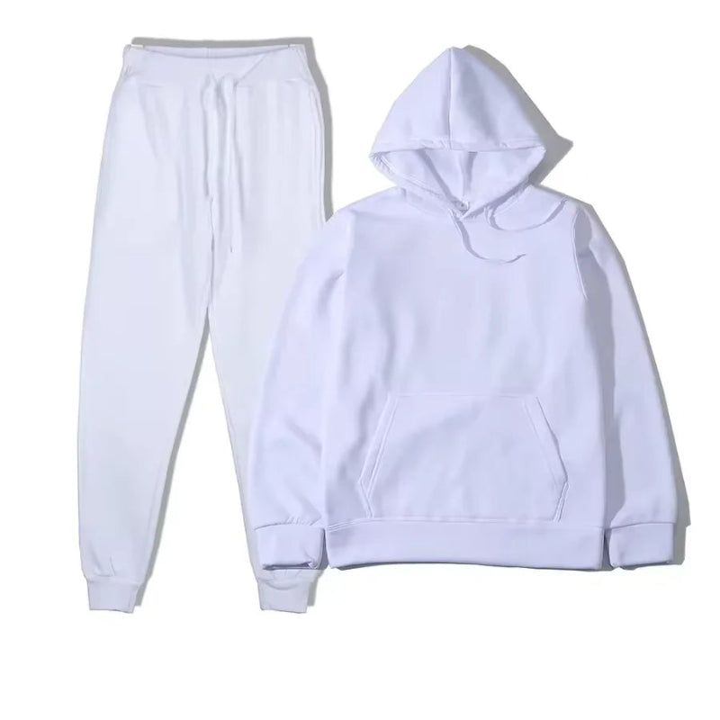 Unisex solid color fleece hoodie and pants two‑piece sports set for autumn and winter white