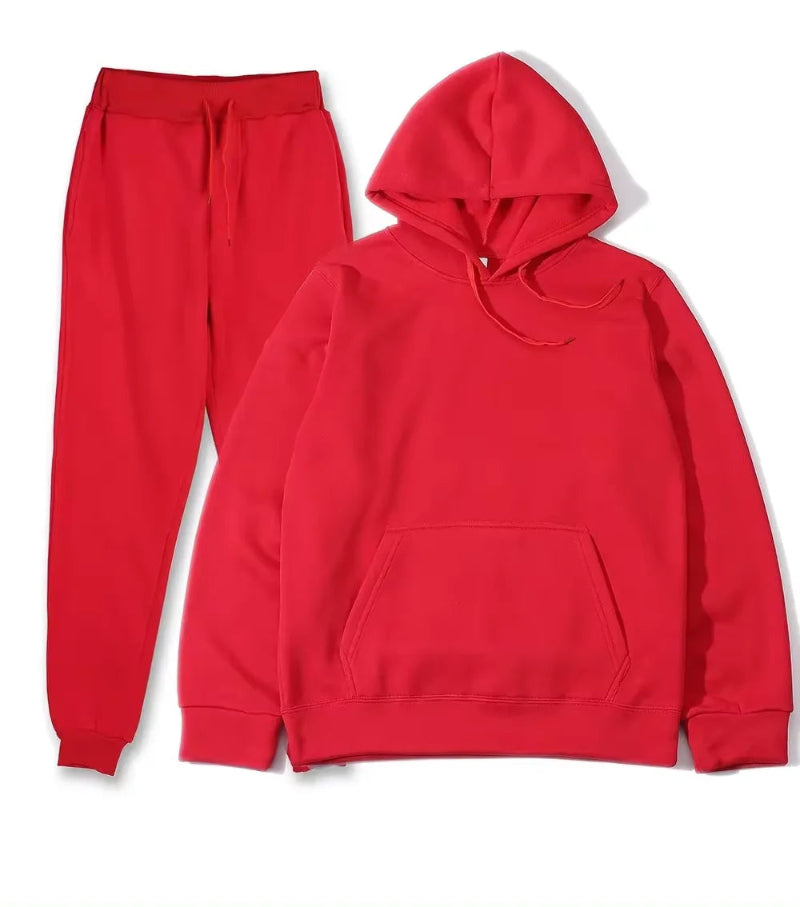 Unisex solid color fleece hoodie and pants two‑piece sports set for autumn and winter red