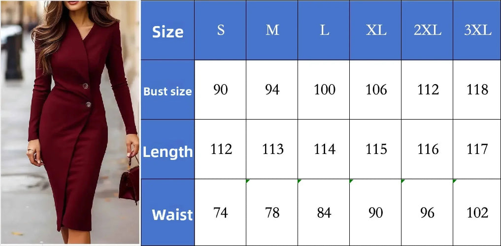 A size chart table in Slovenian showing measurements for a bodycon dress by size S through 3XL, alongside a model wearing the dress in burgundy. The dress has long sleeves, a wrap-style neckline with buttons, and a knee-length silhouette.